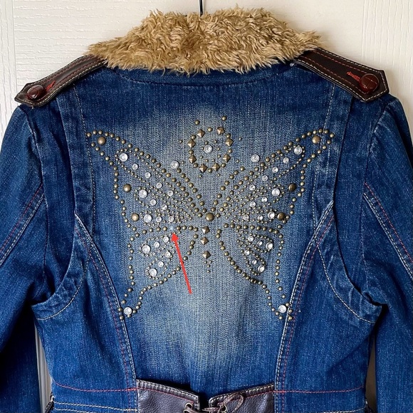 Vintage Denim Shearling Fur Jacket Butterfly Rhinestone Embellished Small GUC - Picture 7 of 9